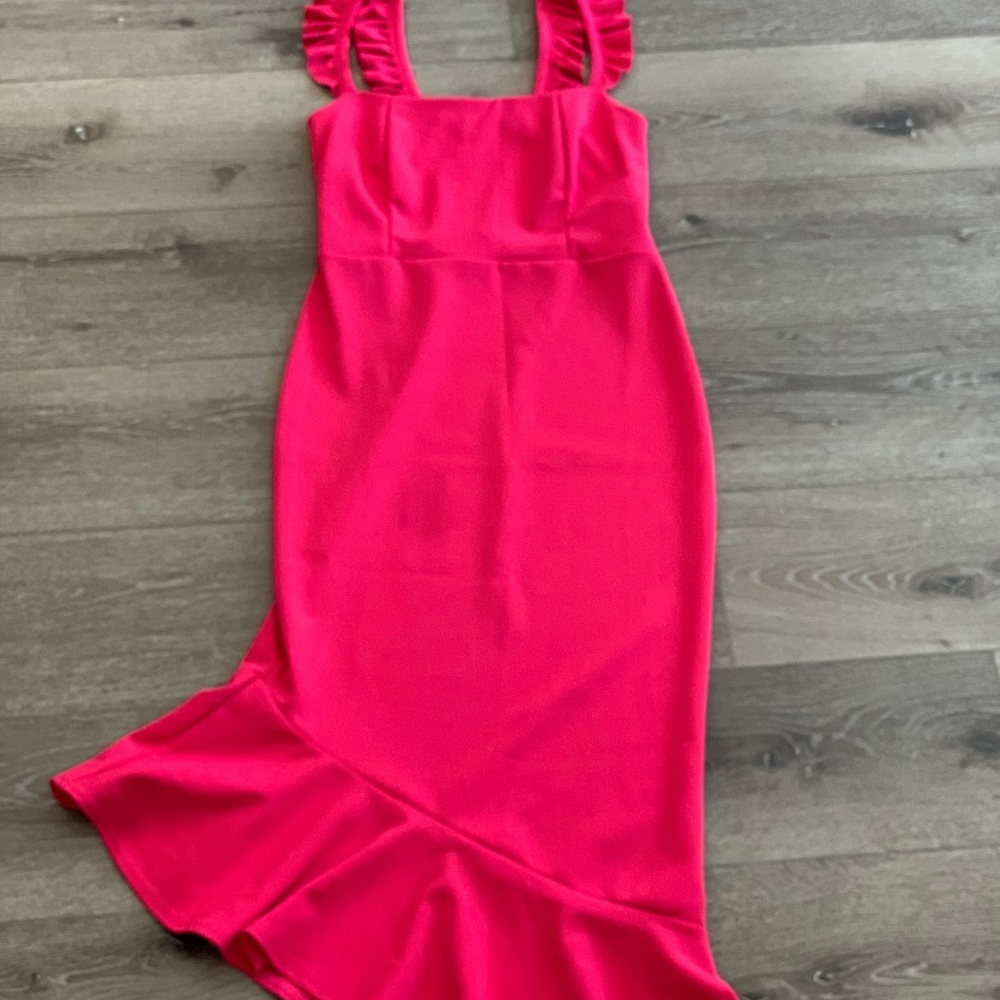 Women’s Asymmetrical Ruffle Strap Dress in Hot Pink size S